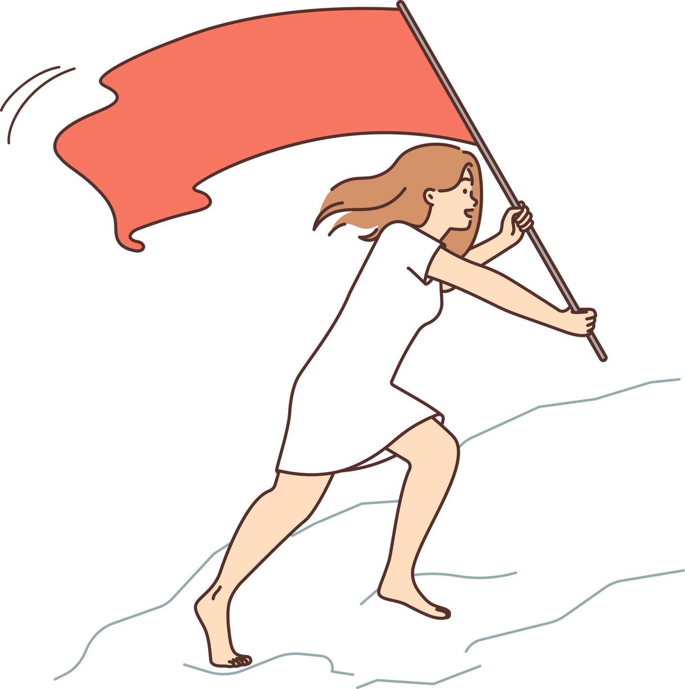 Motivated woman with red flag reach mountain peak